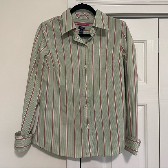 American Eagle AE Favorite Fit Women's Green Pink Button Down Blouse Size 12 - Picture 1 of 10